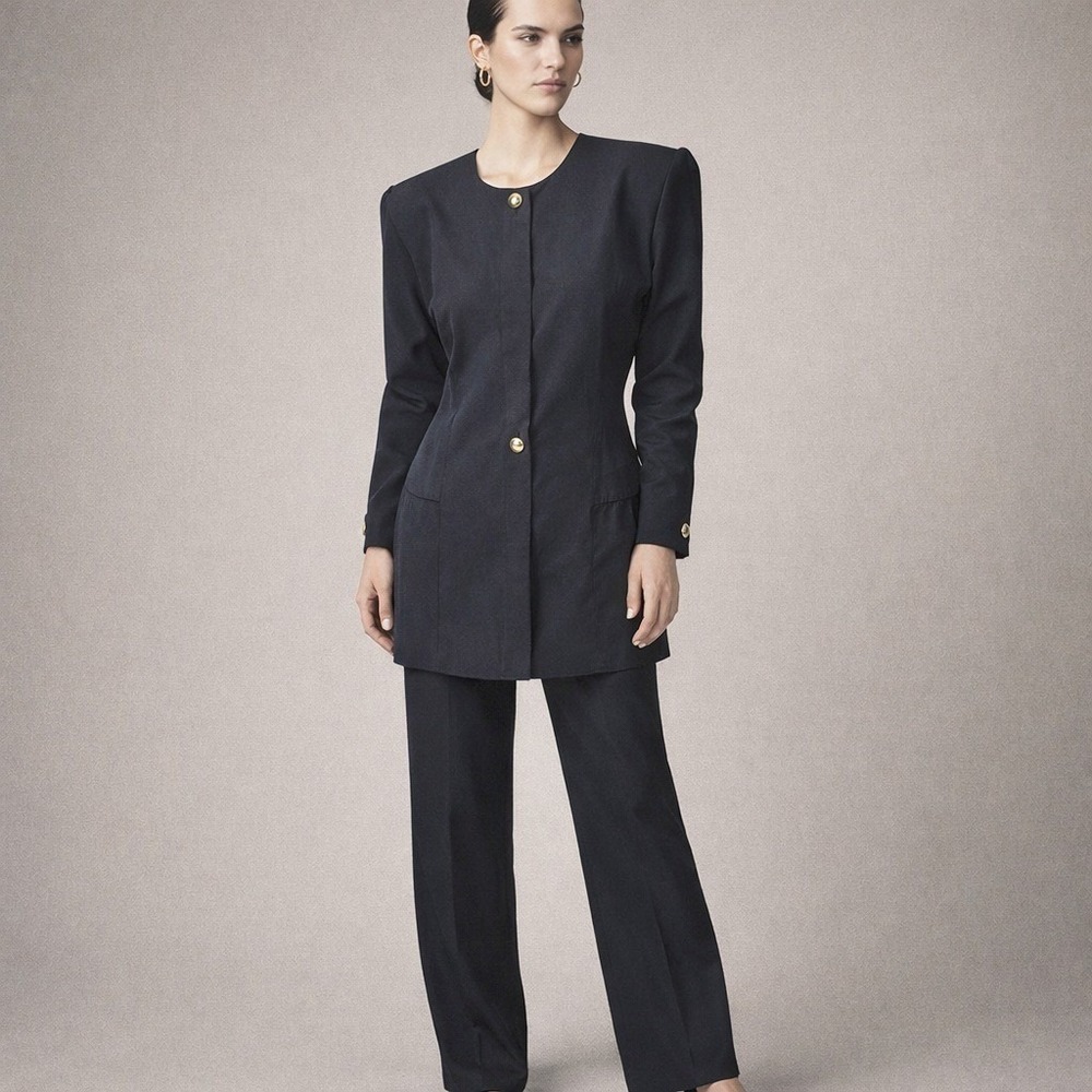 Vintage 90s Decade Designs Black Minimalist Tunic Top Gold Dome Buttons USA 10